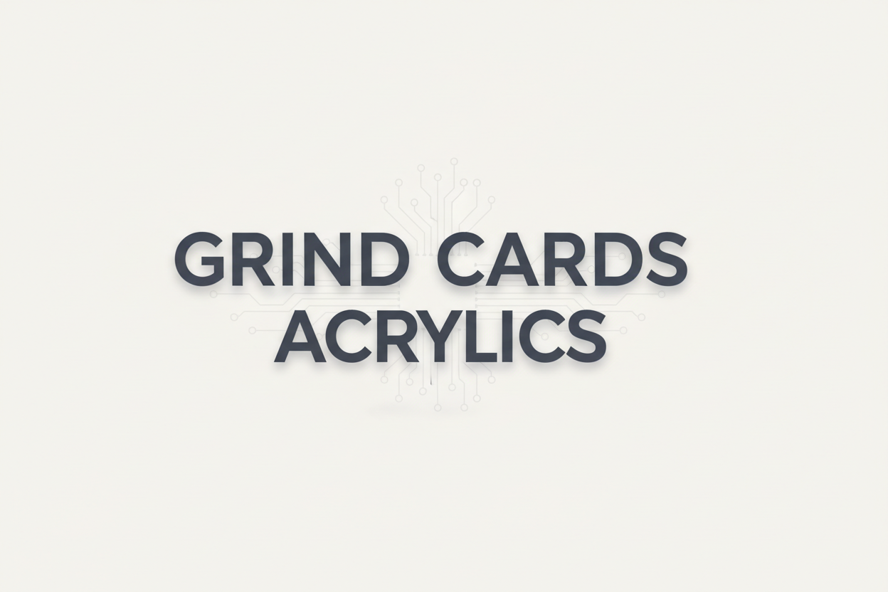 Brand typography visual for “Grind Cards Acrylics”
Same visual language as a modern TCG accessory logo.
Clean geometric sans-serif typography, slightly rounded edges.
Subtle tech / precision feel.
Flat design with very light depth or shadow.
Calm confidence, no luxury exaggeration.
Neutral background (off-white or very light grey).
Designed to sit on a website hero section.
Not a logo, not an icon — pure brand presence.