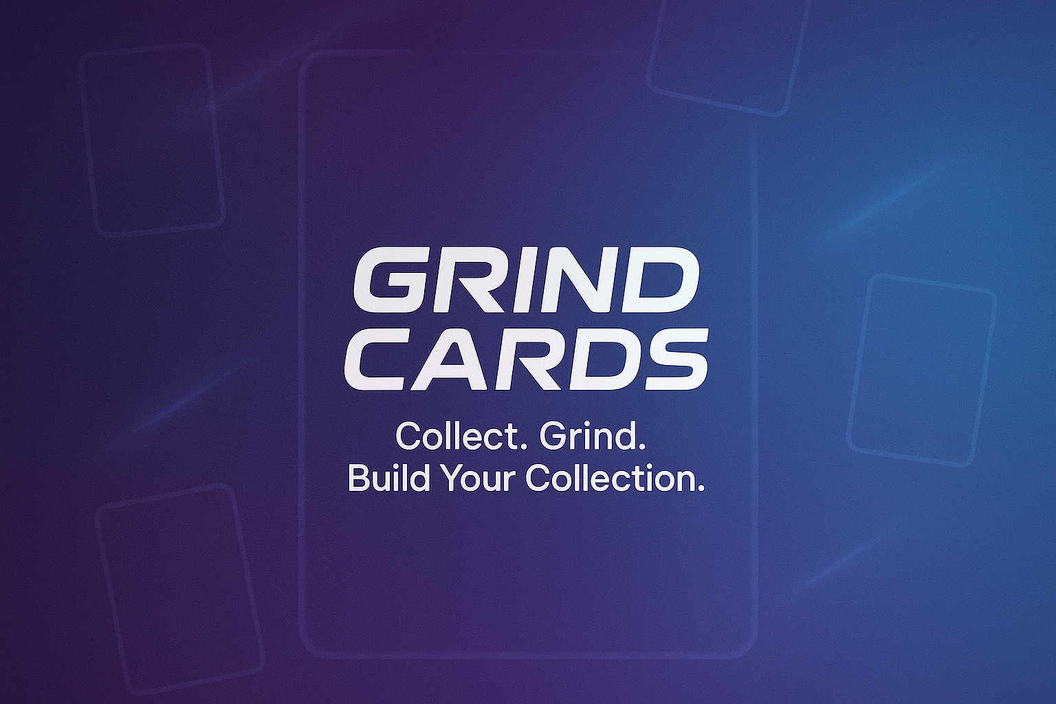 “Minimalist trading card design with the text ‘GRIND CARDS’ in bold futuristic font. Tagline: ‘Collect. Grind. Build Your Collection.’ Background in smooth gradient of purple and blue, with subtle glowing card outlines and soft light streaks. Modern, sleek, simple but powerful aesthetic, perfect for a collectible card game brand.”